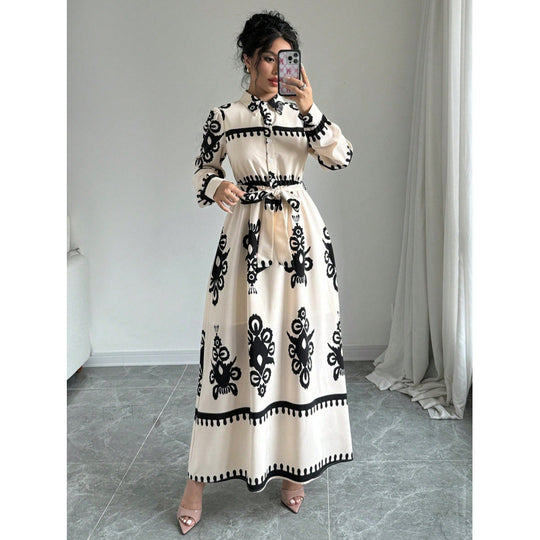 Damen Langarm-Maxikleid mit elegantem Knopfdesign und taillierbarem Gürtel EB