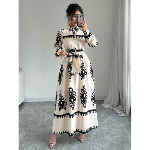 Damen Langarm-Maxikleid mit elegantem Knopfdesign und taillierbarem Gürtel EB
