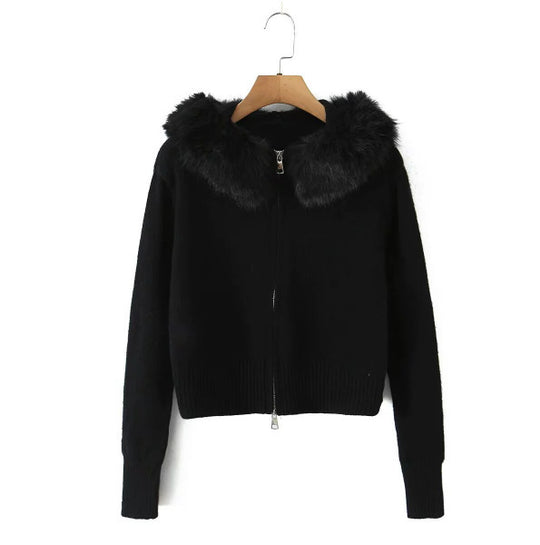 Damen Strickjacke mit luxuriösem Kunstfellkragen und Reißverschluss EB