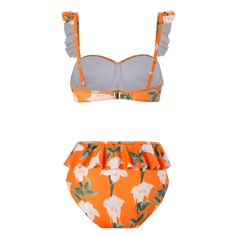 Damen Bikini-Set mit floralem Rüschendesign und elegantem Wickelrock EB