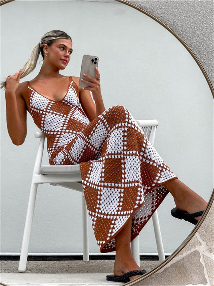 Damen-Maxikleid mit feinem Mesh-Strick und diamantförmigem Muster EB