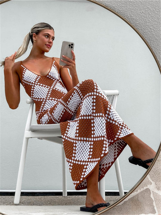 Damen-Maxikleid mit feinem Mesh-Strick und diamantförmigem Muster EB