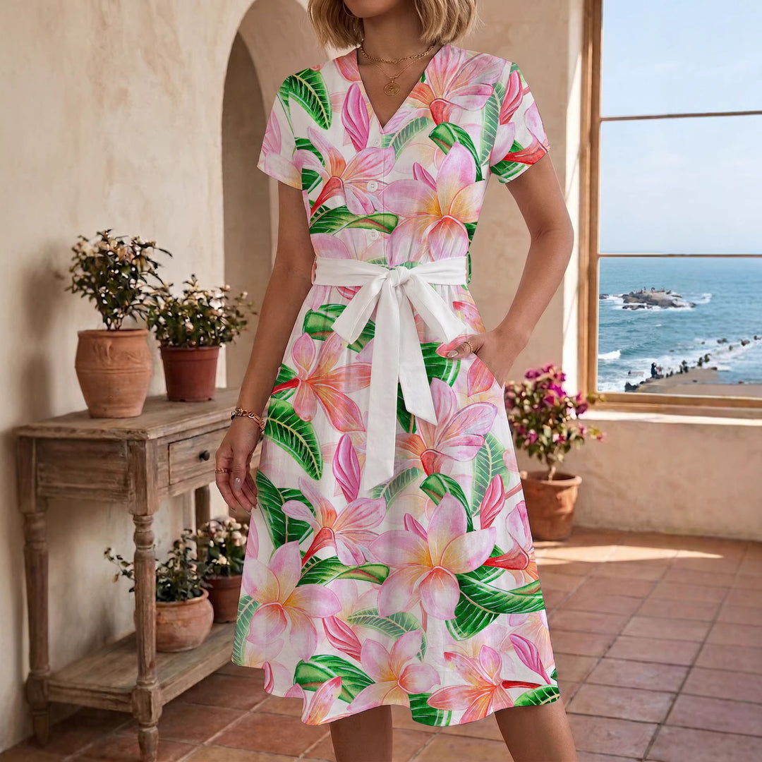 Damen Midikleid mit farbenfrohem Blumendesign und taillierbarem Bindegürtel EB