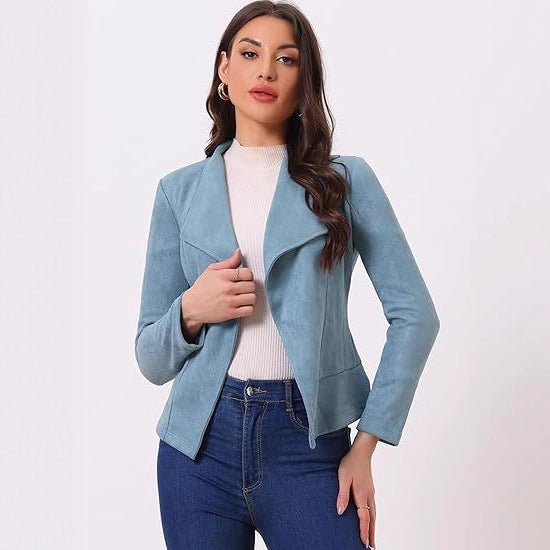 Damen modische Synthetiklederjacke mit offenem Schnitt und Taschen EB
