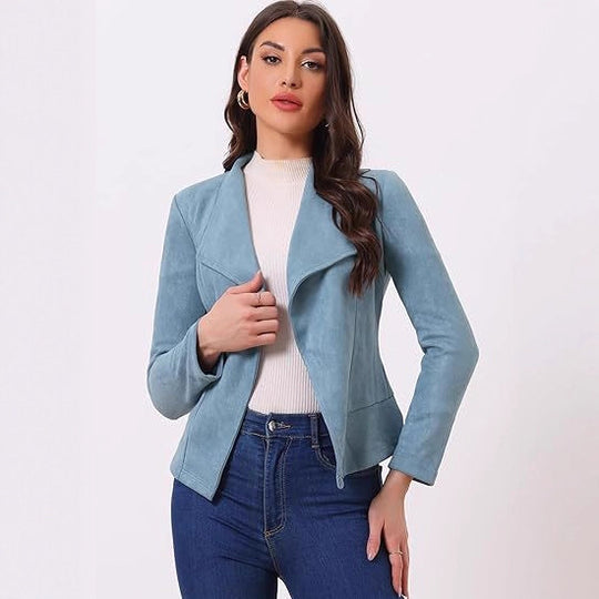 Damen modische Synthetiklederjacke mit offenem Schnitt und Taschen EB