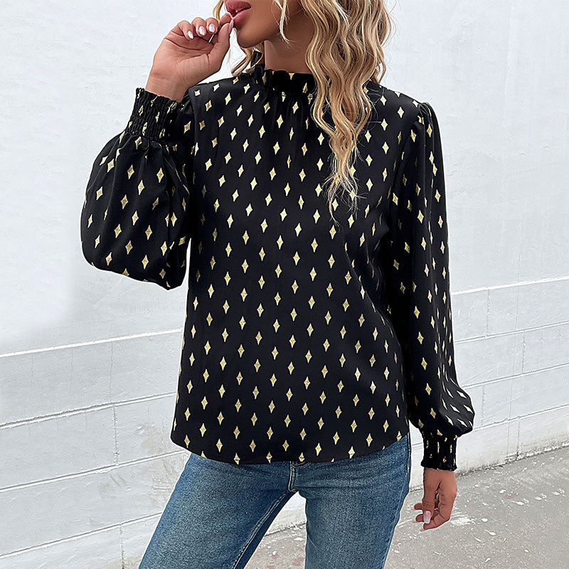 Damen Bluse mit luxuriösem Musterdruck und elegantem Stehkragen EB