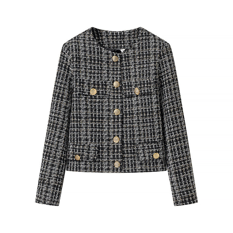 Damen elegante Tweed-Jacke mit goldenen Knöpfen EB