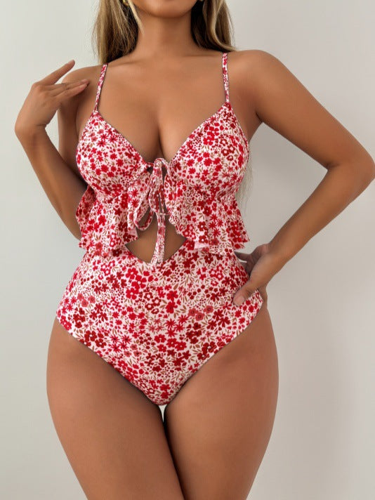 Damen Eleganter zweifarbiger Badeanzug mit Rüschendetail EB