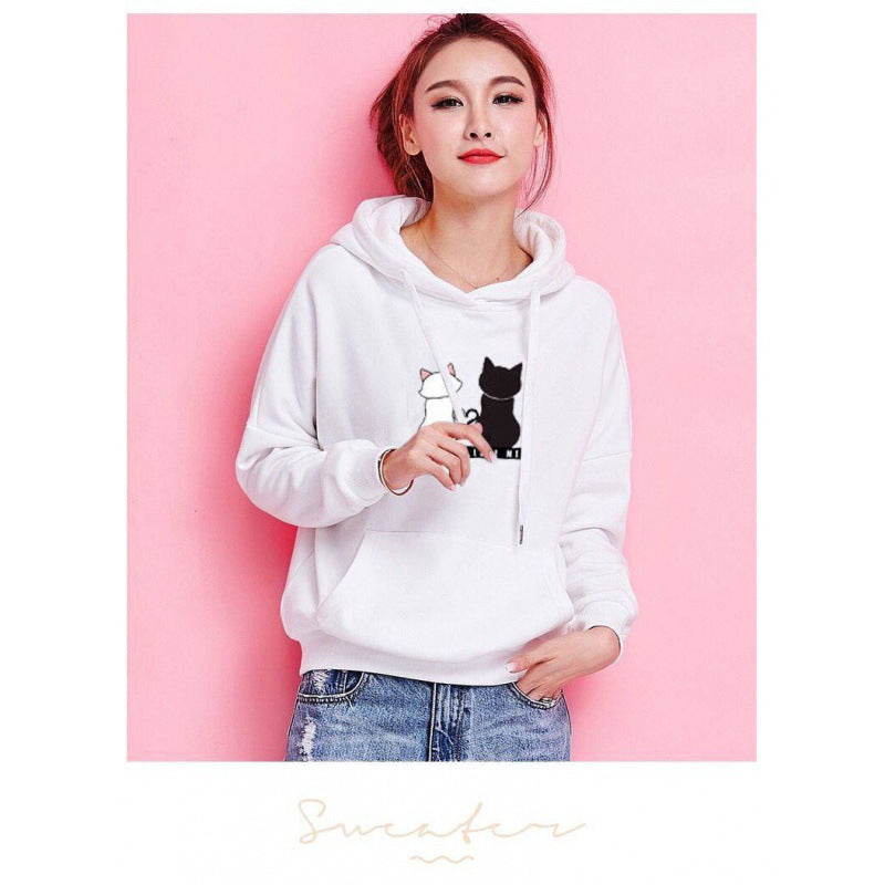 Damen Kapuzenpullover mit Katzen-Print, lockerem Schnitt und Kängurutasche EB
