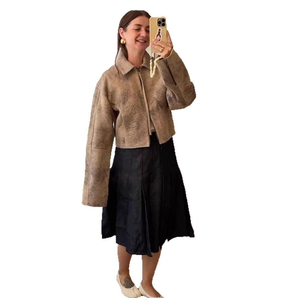 Damen modische Wildlederjacke mit voluminösen Ärmel EB