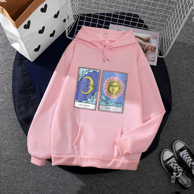 Damen nan leichter Oversize Kapuzenpullover mit Herz‑EKG‑Motiv, langen Kordeln und elastischem Bund EB