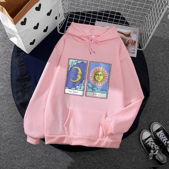 Damen nan leichter Oversize Kapuzenpullover mit Herz‑EKG‑Motiv, langen Kordeln und elastischem Bund EB