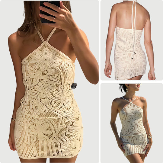 Damen Häkelkleid mit kontrastierenden Blütenmustern und raffinierten Spaghettiträgern EB