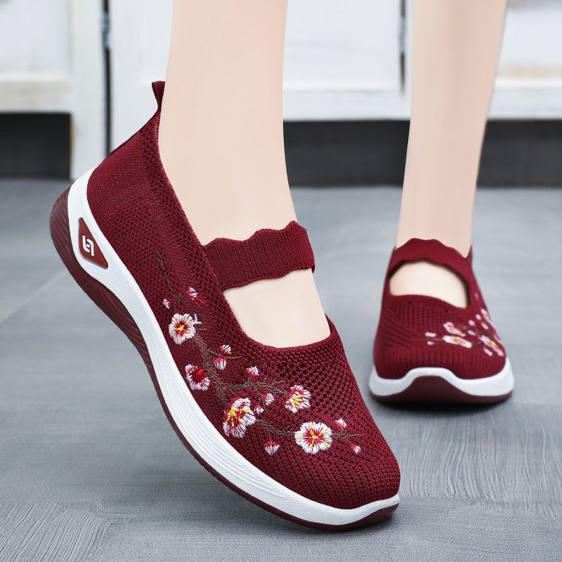 Damen Sportliche Slip-On Sneakers mit floralem Stickdesign EB