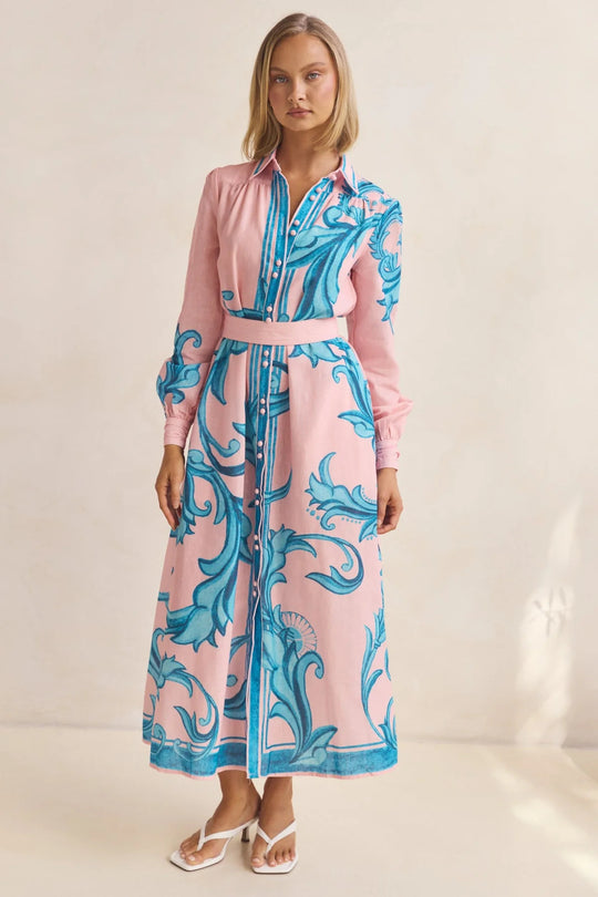 Damen Langarmhemdkleid mit floralen Akzenten und Taillengürtel EB