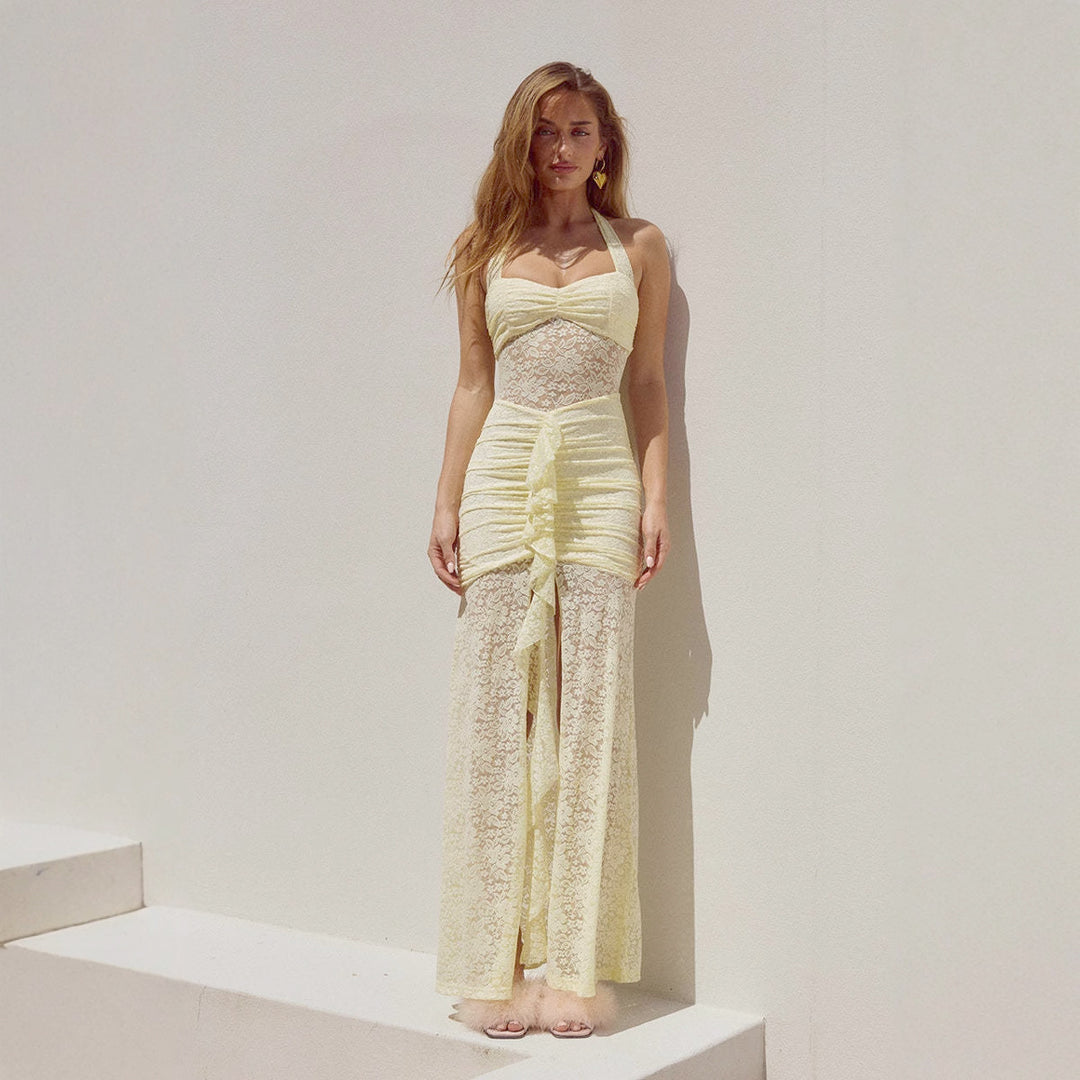 Damen Raffiniertes Maxikleid mit Spitzenakzenten und tiefem Schlitz EB