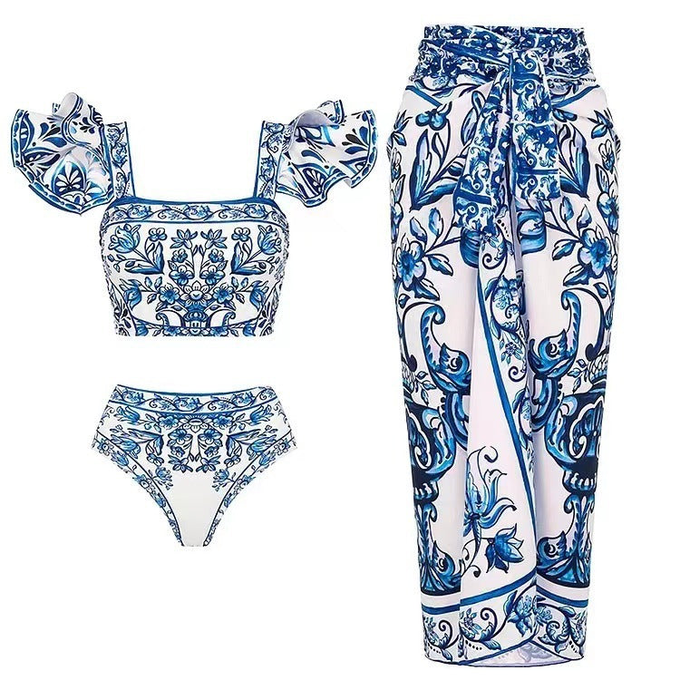 Damen Bikini-Set mit verspieltem Puffärmel und elegantem Wickelrock EB