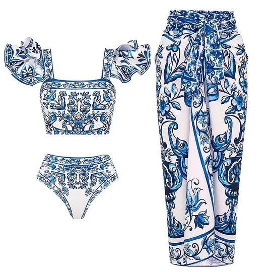Damen Bikini-Set mit verspieltem Puffärmel und elegantem Wickelrock EB