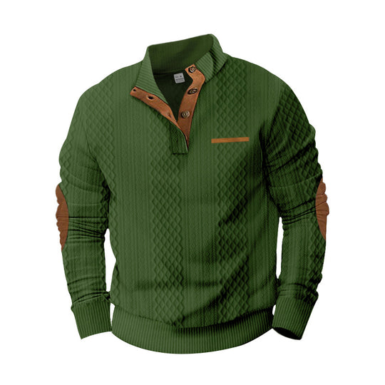 Herren nan strukturierter Strickpullover mit Stehkragen, Knopfleiste und Ellenbogenpatches EB