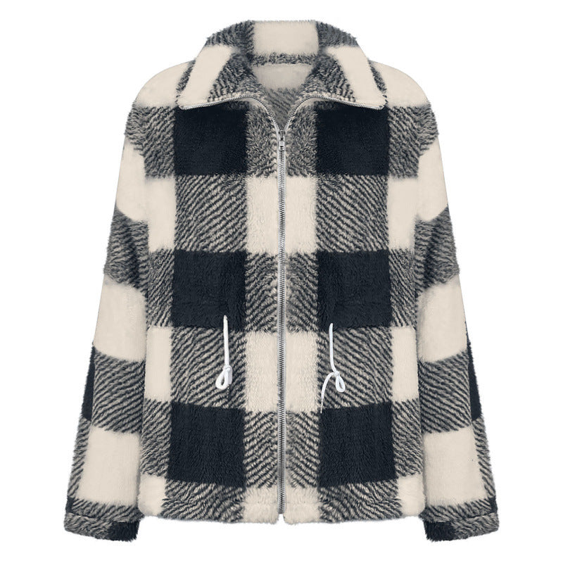 Damen kuschelige Oversize-Jacke mit kariertem Muster EB