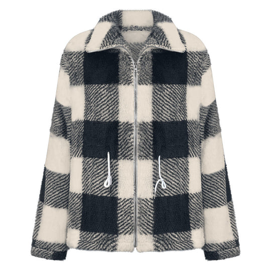 Damen kuschelige Oversize-Jacke mit kariertem Muster EB