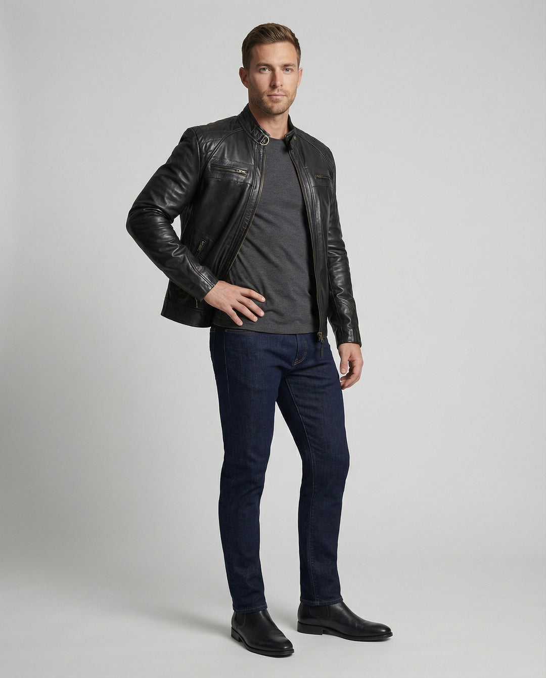 Herren Lederjacke mit Stehkragen und Ziernähten EB