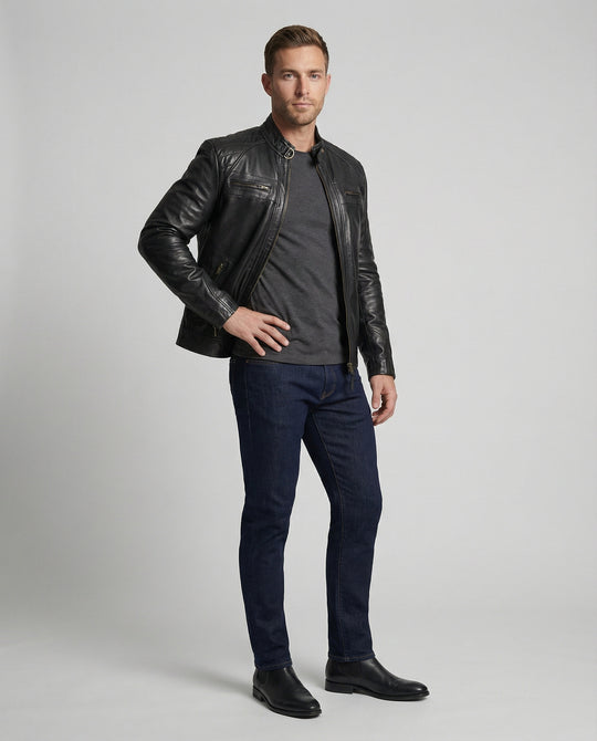 Herren Lederjacke mit Stehkragen und Ziernähten EB