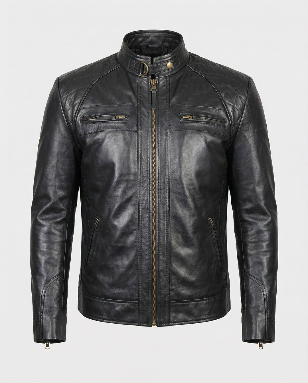 Herren Lederjacke mit Stehkragen und Ziernähten EB
