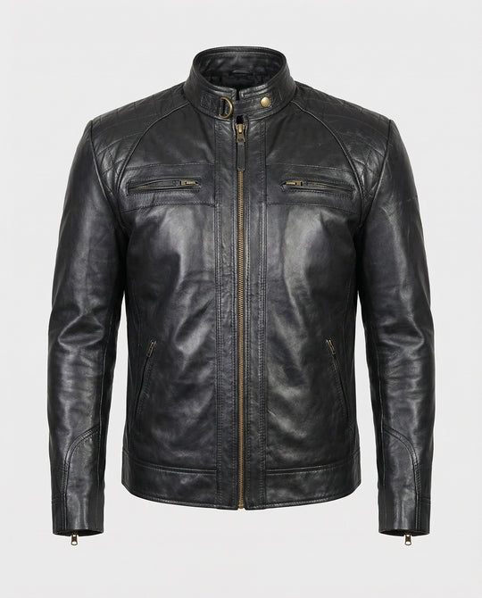 Herren Lederjacke mit Stehkragen und Ziernähten EB
