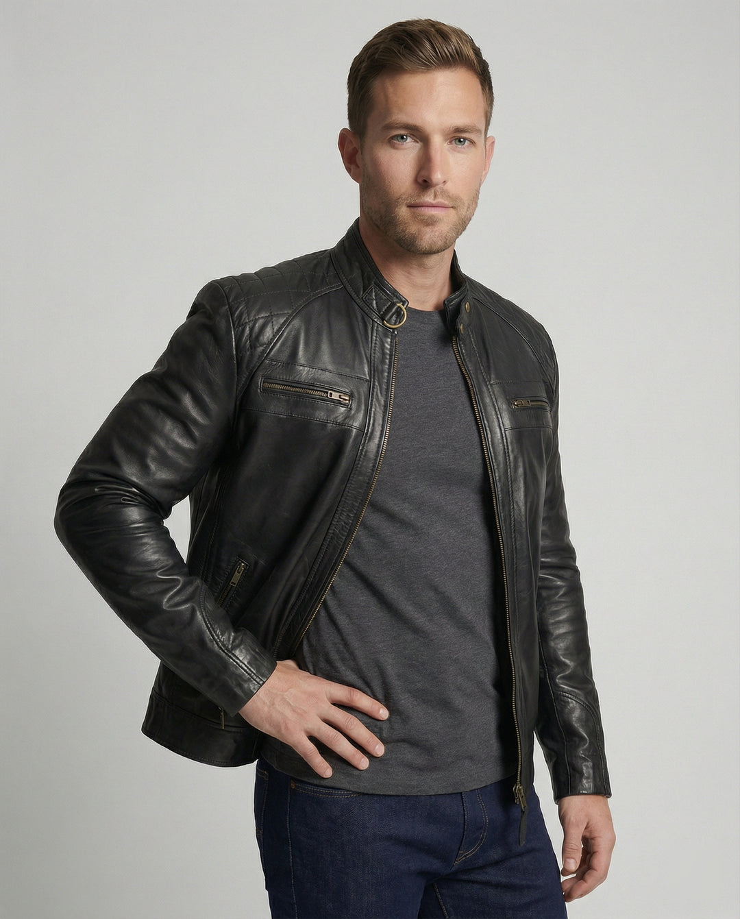 Herren Lederjacke mit Stehkragen und Ziernähten EB