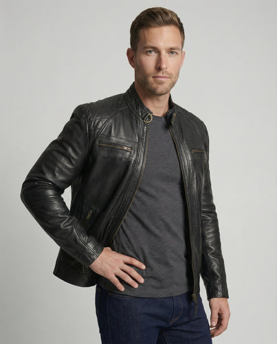 Herren Lederjacke mit Stehkragen und Ziernähten EB