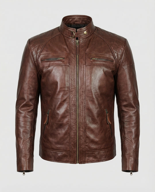 Herren Lederjacke mit Stehkragen und Ziernähten EB