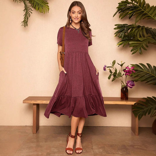 Damen lässiges Midikleid mit Taschen und voluminösen Rüschendetails EB