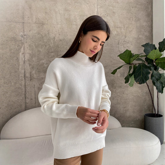 Damen eleganter Strickpullover mit hohem Kragen EB