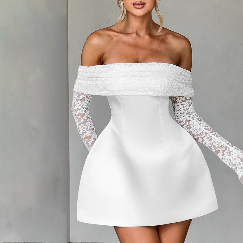 Damen verspieltes Minikleid mit schulterfreiem Design und eleganten Spitzenärmeln EB