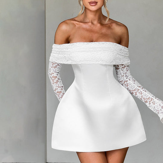 Damen verspieltes Minikleid mit schulterfreiem Design und eleganten Spitzenärmeln EB