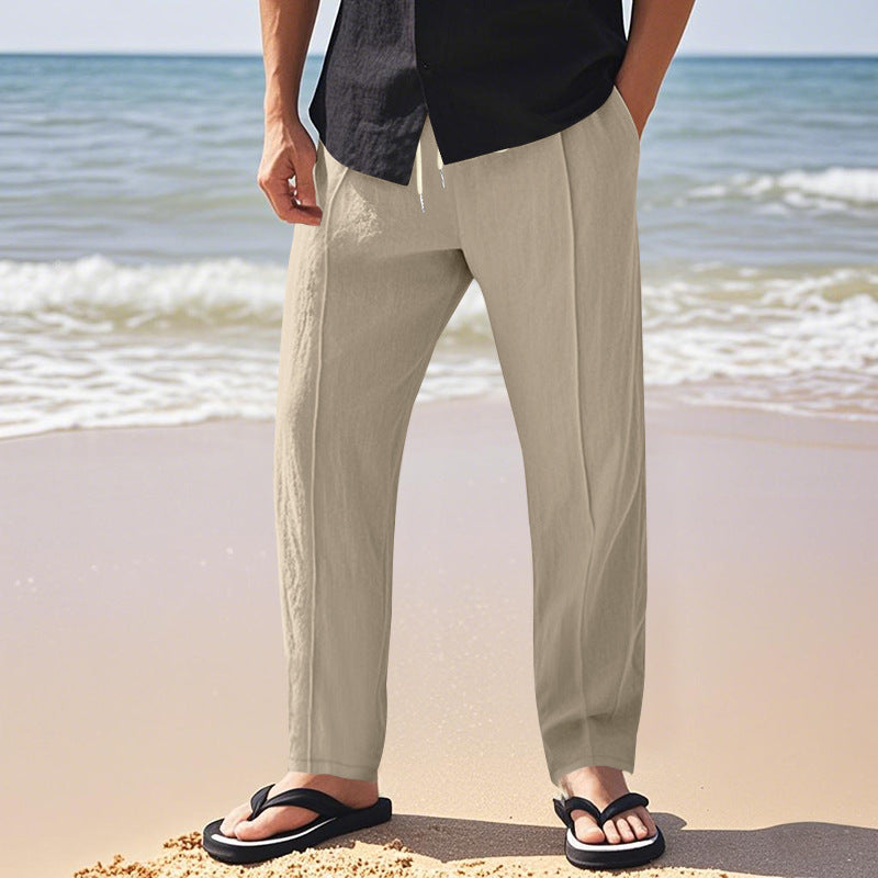 Herren nan relaxed-fit Sommer-Leinenhose mit Bügelfalte elastischem Tunnelzug und Seitentaschen EB