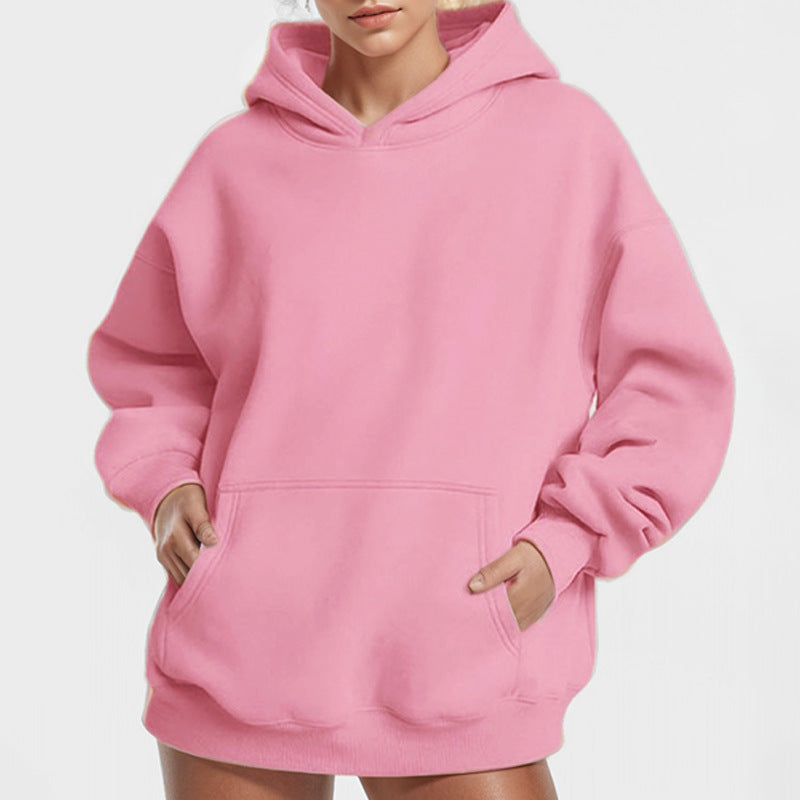 Damen nan extralanges Oversize Kapuzen-Sweatshirt mit Kängurutasche, weichem Fleece-Innenfutter und überschnittener Schulter EB