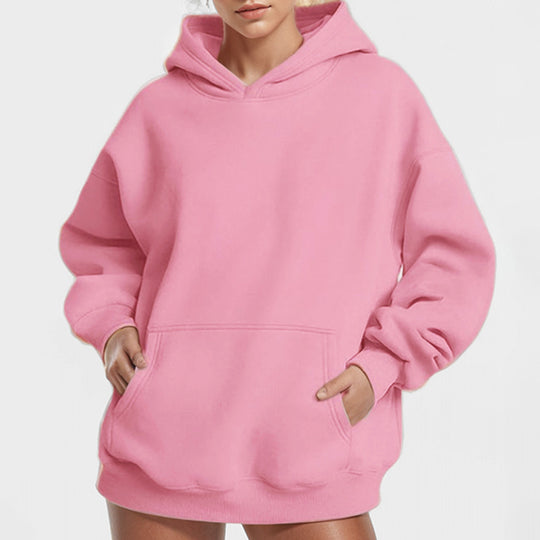 Damen nan extralanges Oversize Kapuzen-Sweatshirt mit Kängurutasche, weichem Fleece-Innenfutter und überschnittener Schulter EB