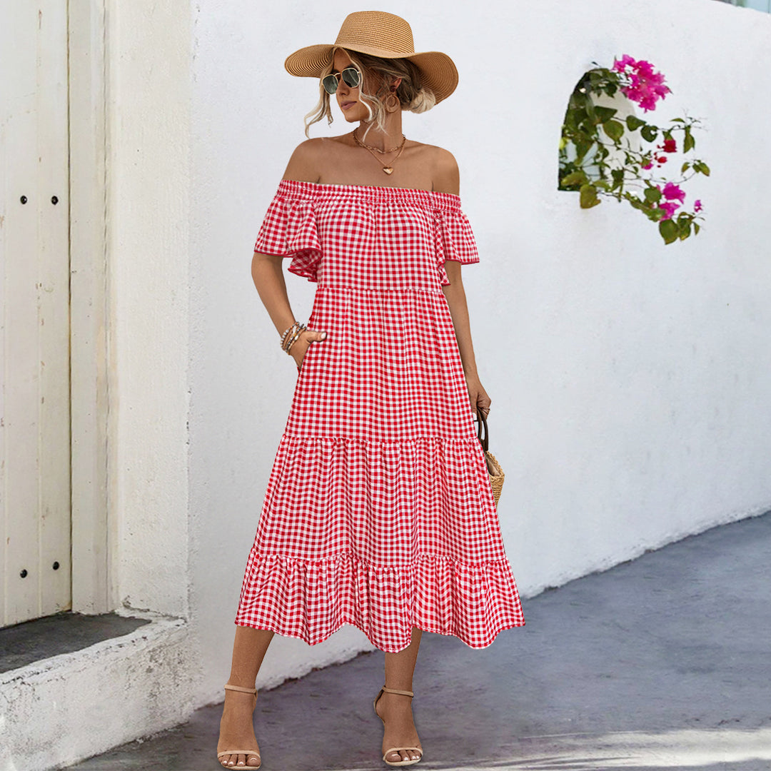 Damen Off-Shoulder Maxikleid mit raffinierten Rüschendetails und lockerer A-Linien-Silhouette EB