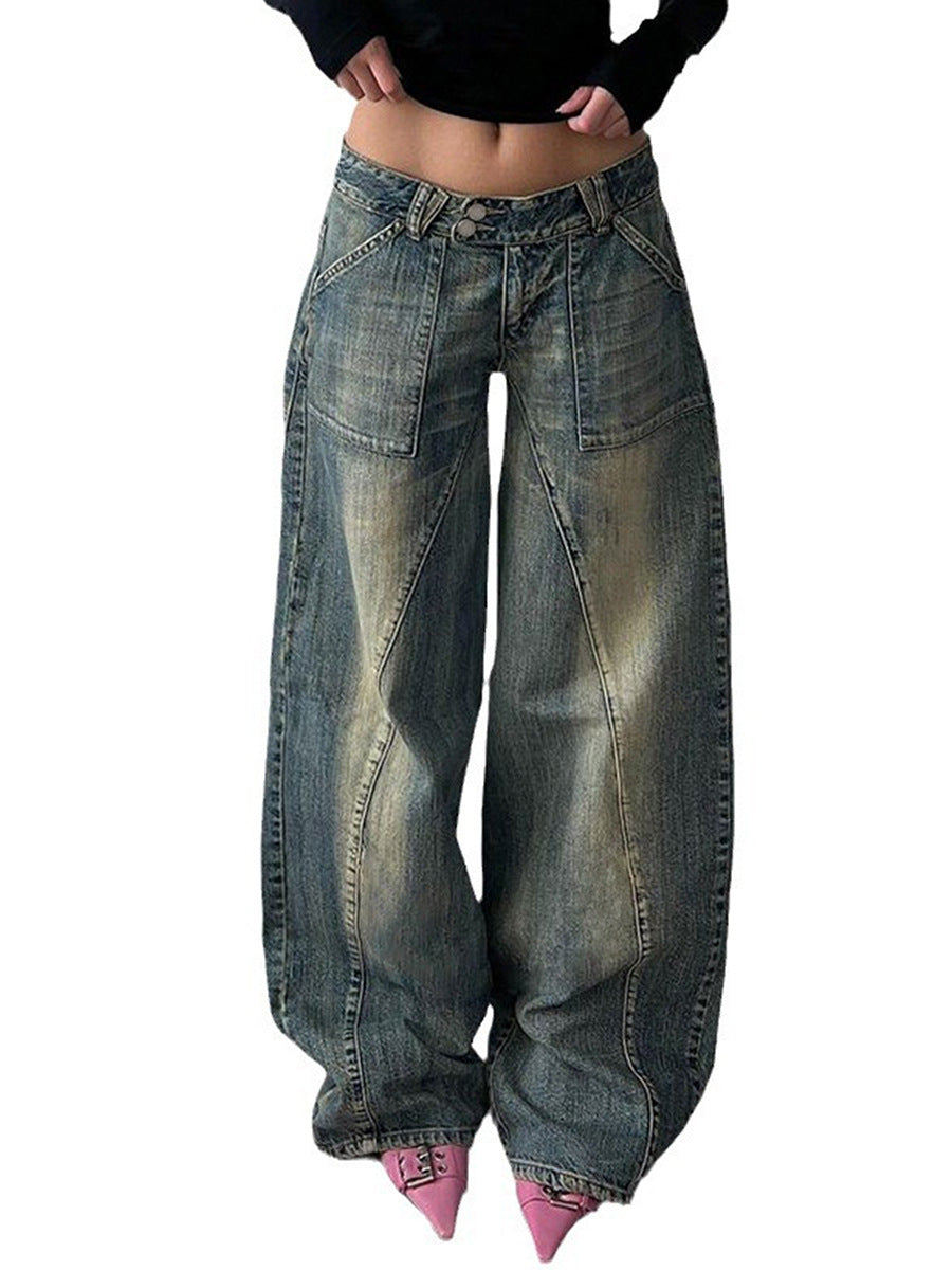 Damen nan weite Low-Rise Baggy-Jeans mit markanten V‑Nahtpaneelen und aufgesetzten Fronttaschen EB