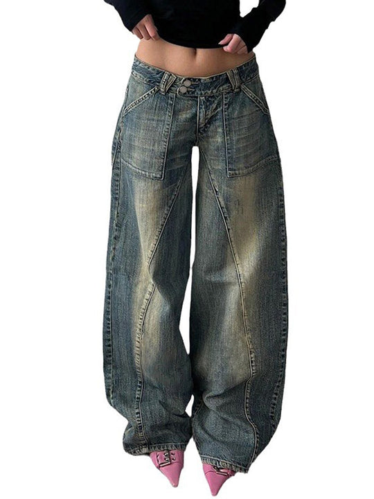 Damen nan weite Low-Rise Baggy-Jeans mit markanten V‑Nahtpaneelen und aufgesetzten Fronttaschen EB