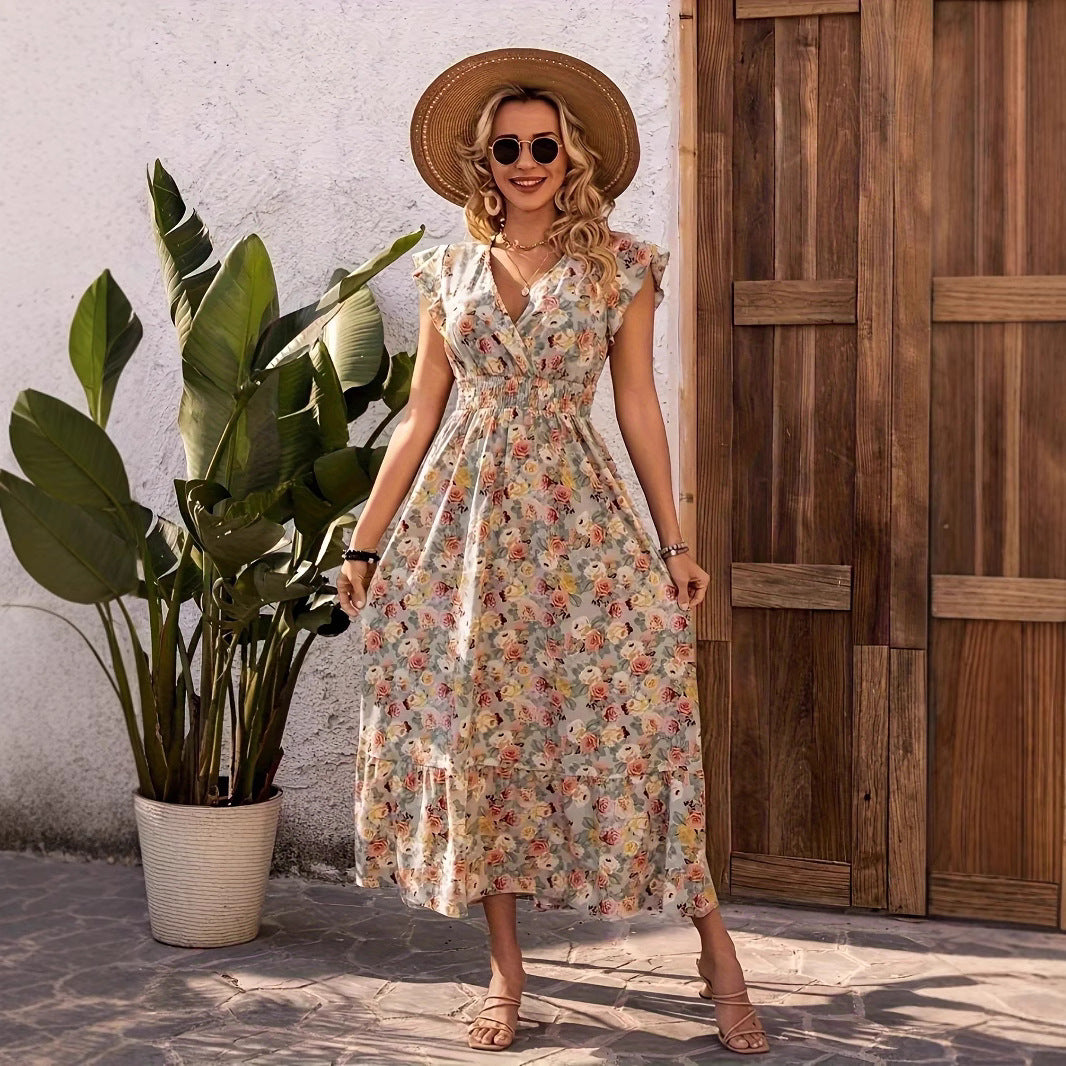 Damen Maxikleid mit floralem Design und lässigem V-Ausschnitt EB