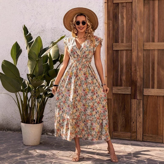 Damen Maxikleid mit floralem Design und lässigem V-Ausschnitt EB