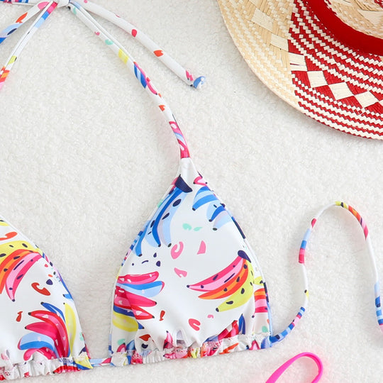 Damen Triangel-Bikini mit verspieltem Farbdesign und verstellbaren Bindebändern EB