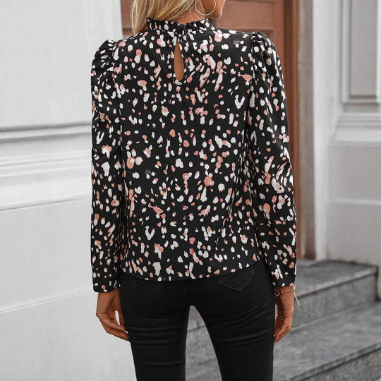 Damen Bluse mit Rüschenkragen, Puffärmeln und Animal‑Print EB