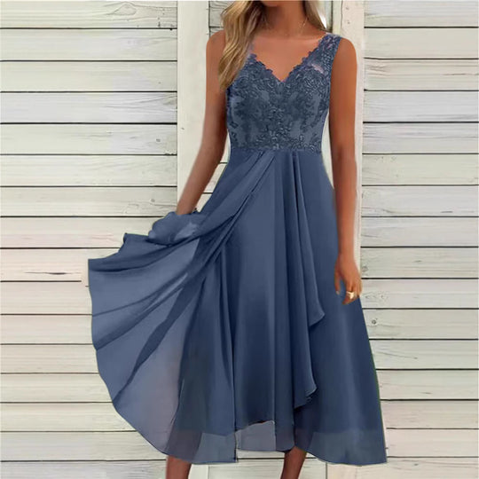 Damen nan elegantes Abend-Midikleid mit bestickter Spitzen-Büste, taillierter Drapierung und fließendem Lagenrock EB