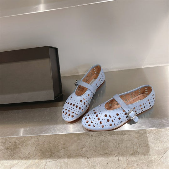Damen elegante Ballerinas im modischen Lochdesign mit verstellbarem Riemen EB