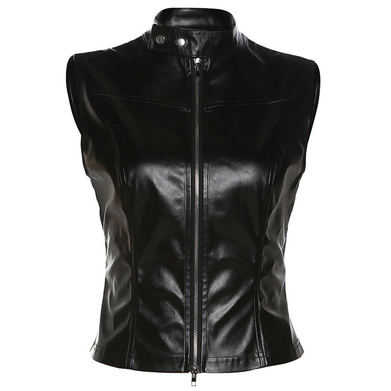 Damen Cooles Kunstleder-Top mit hohem Kragen EB