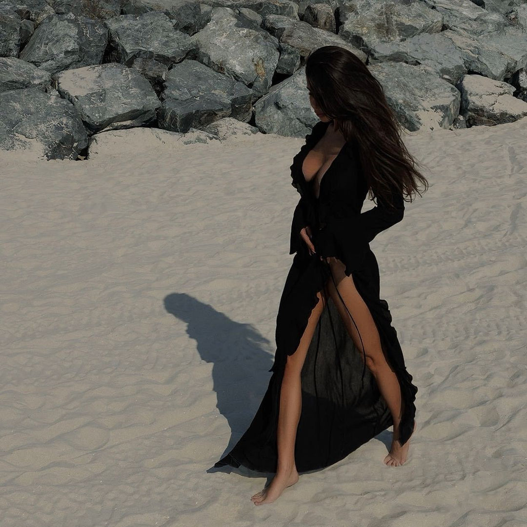 Damen Elegantes Strandkleid mit Rüschendetails und tiefem V-Ausschnitt EB